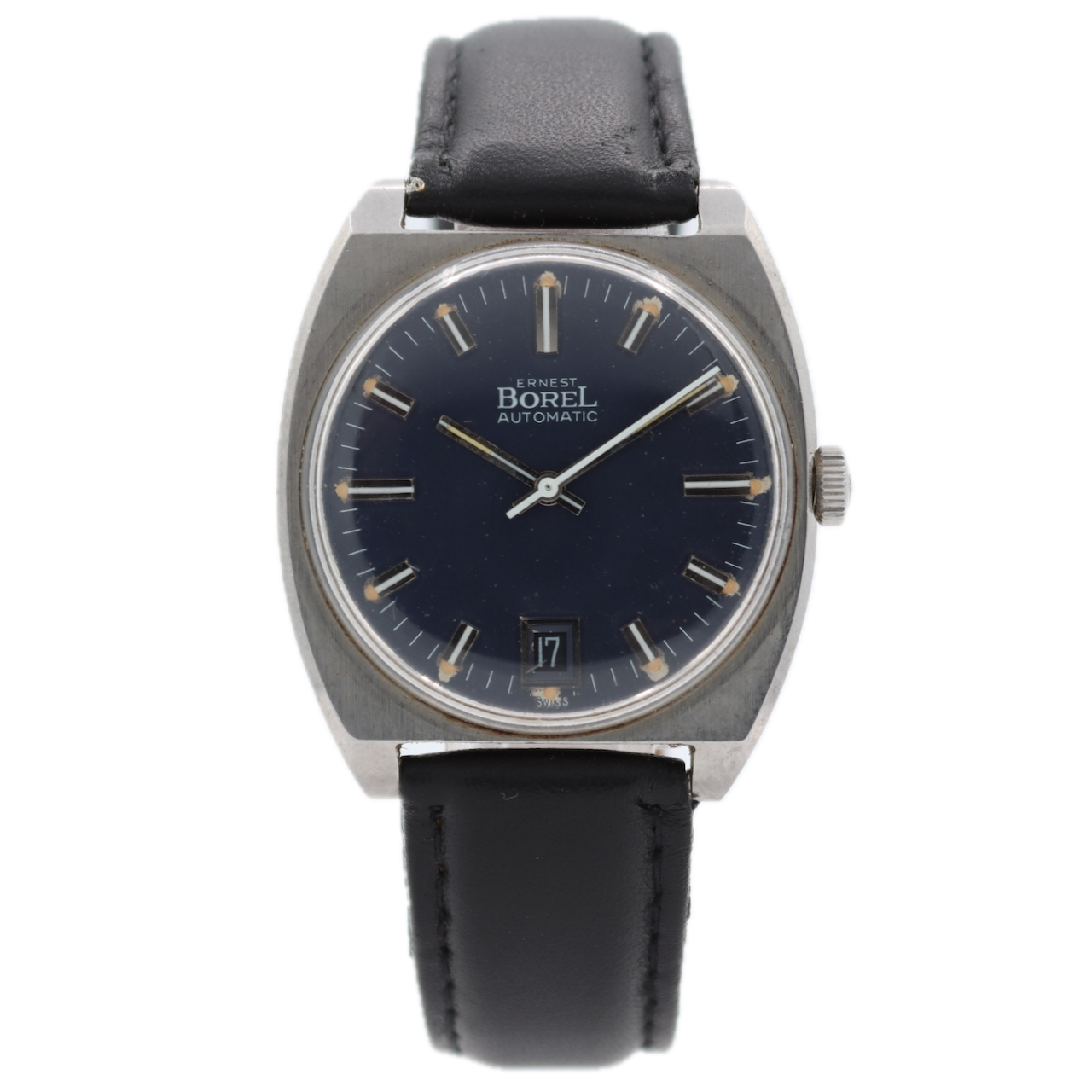 Vintage 34mm Ernest Borel Blue Date Men's Automatic Wristwatch Swiss Steel