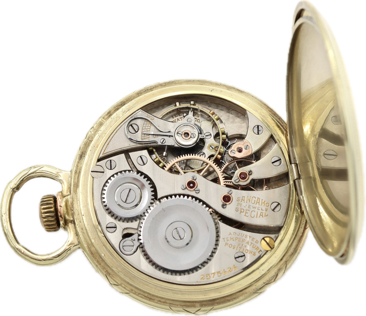 Antique 16S Illinois Railroad Pocket Watch Sangamo Special Green GoldFixed Bow