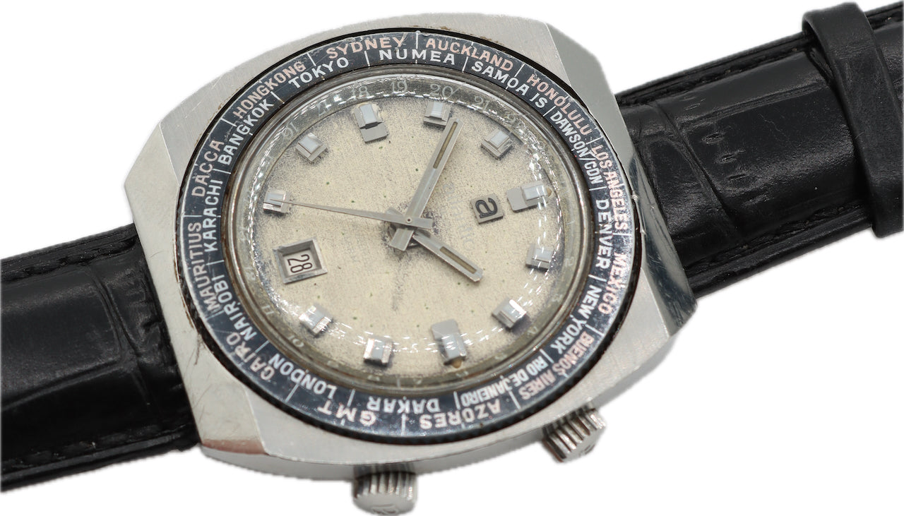 Vintage Atlantic Travelmate World Time Men's Mechanical Alarm Wristwatch Steel