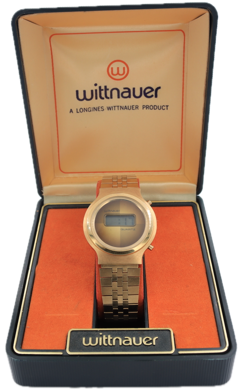 Vintage Wittnauer Yellow Hourglass Dial Men's LCD Wristwatch Gold Tonew/Box