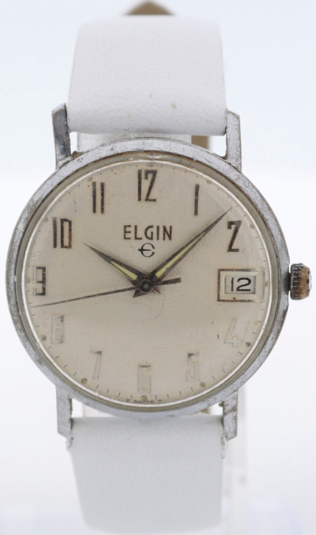 Vintage Elgin Linen Dial Date Men's Mechanical Wristwatch Swiss Steel & Chrome
