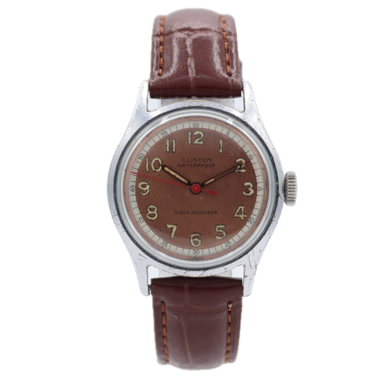 Vintage Clinton Salmon Dial Men's Mechanical Wristwatch Swiss Steel Military