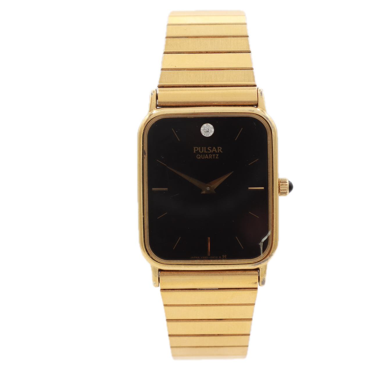 Vintage Pulsar V250-5430 Diamond & Black Dial Men's Quartz Wristwatch Gold Tone