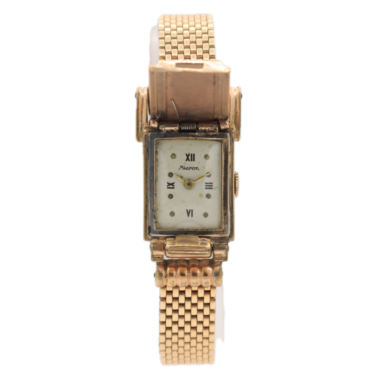 Vintage 16mm Mieron Spring Flip Lid Men's Mechanical Wristwatch Gold Tone