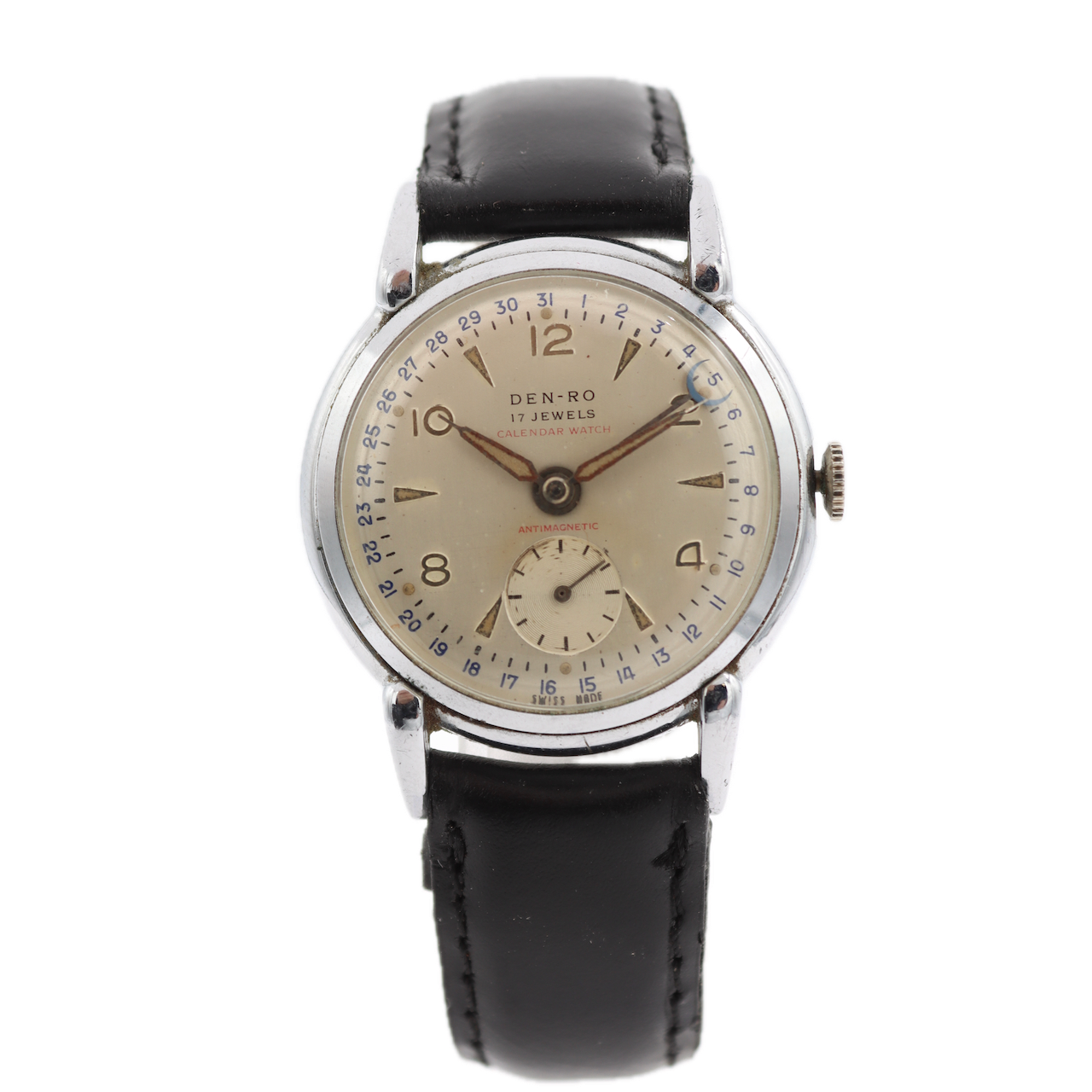 Vintage 33mm Den-Ro Calendar Pointer Date Men's Mechanical Wristwatch Swiss