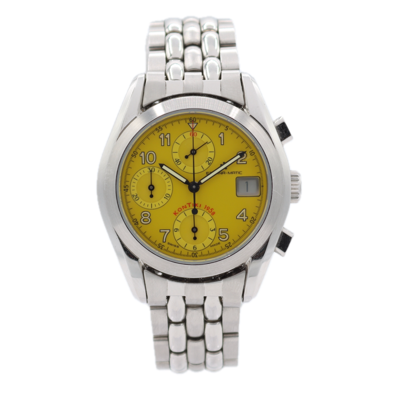 37mm Eterna Kontiki 1958 Yellow Dial Men's Chronograph Wristwatch Swiss Steel