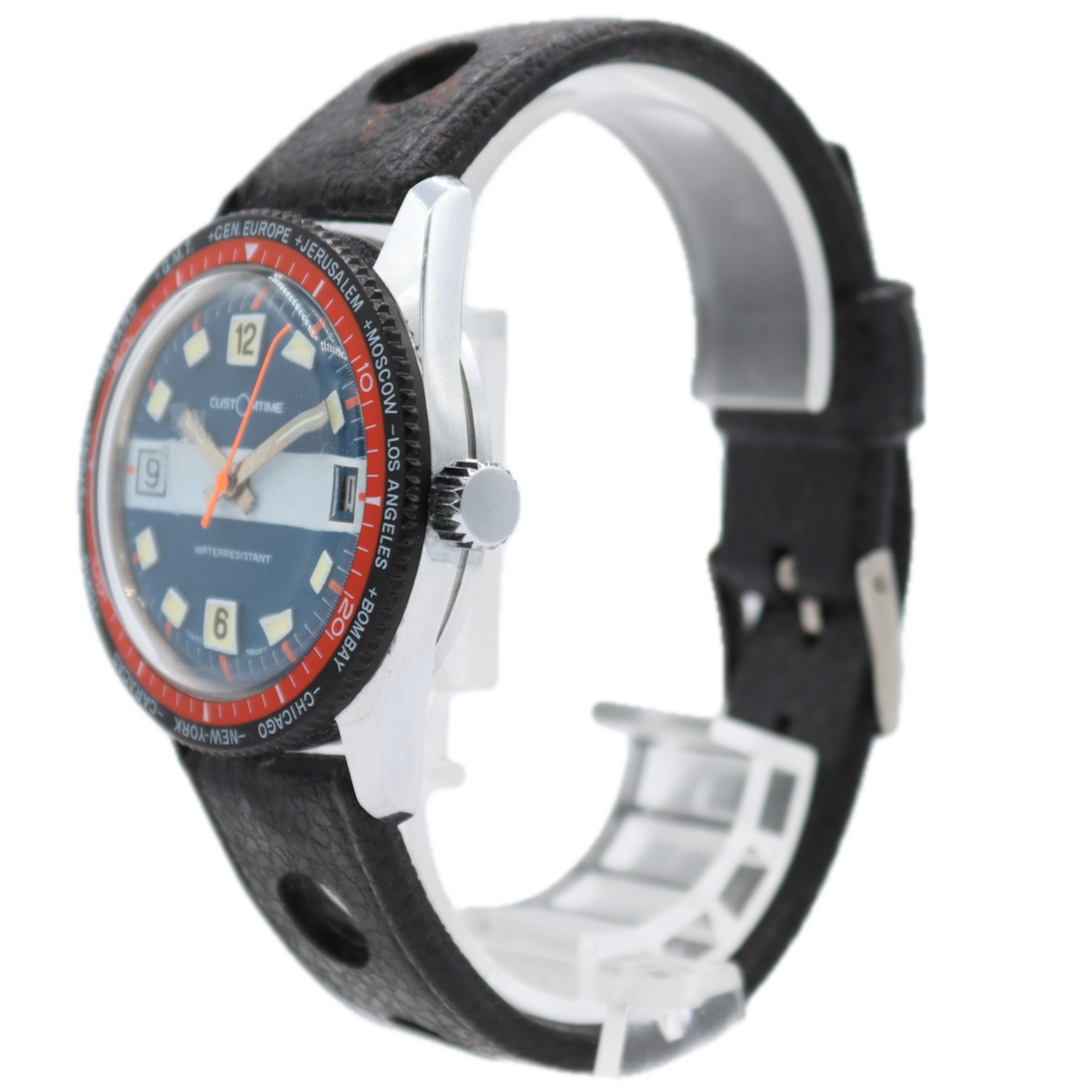 Vintage CustOmtime World Time Men's Wristwatch Swiss Chrome Plated Diver Style