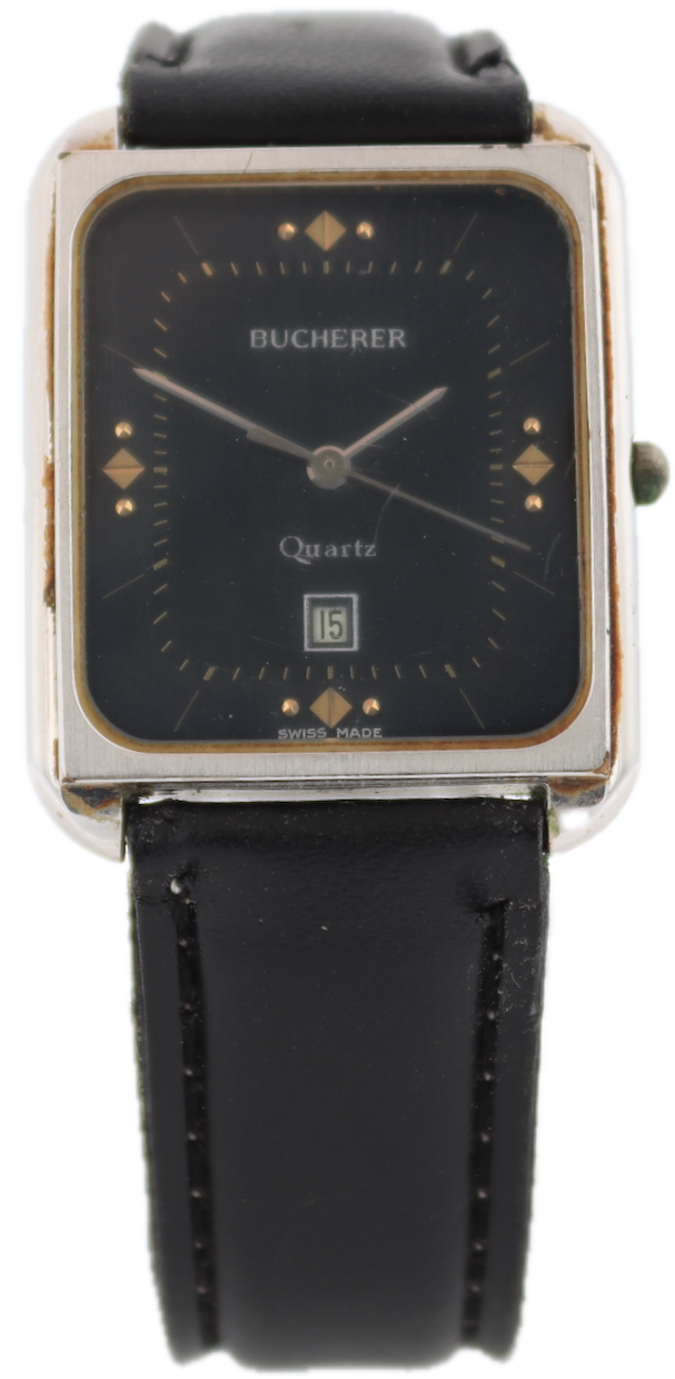 Vintage Bucherer Blue Tank Date Ladies Quartz Wristwatch Swiss Steel & Chrome