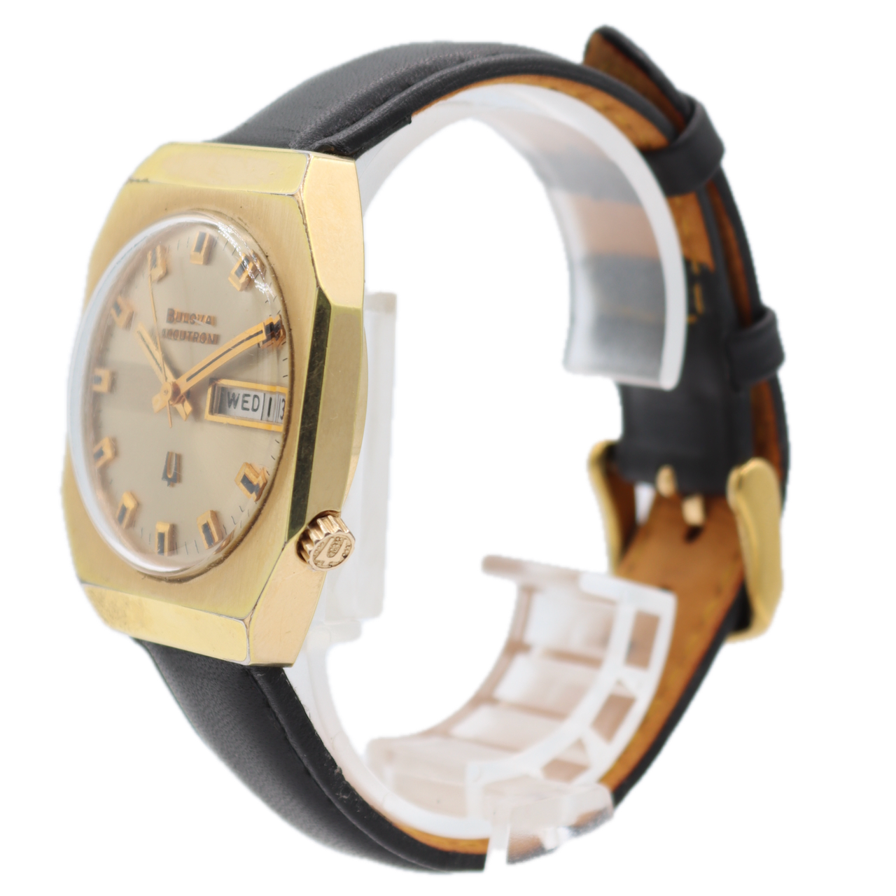 Vintage Bulova Sunburst Day Date Men's Tuning Fork Wristwatch 218 2 10k RGP