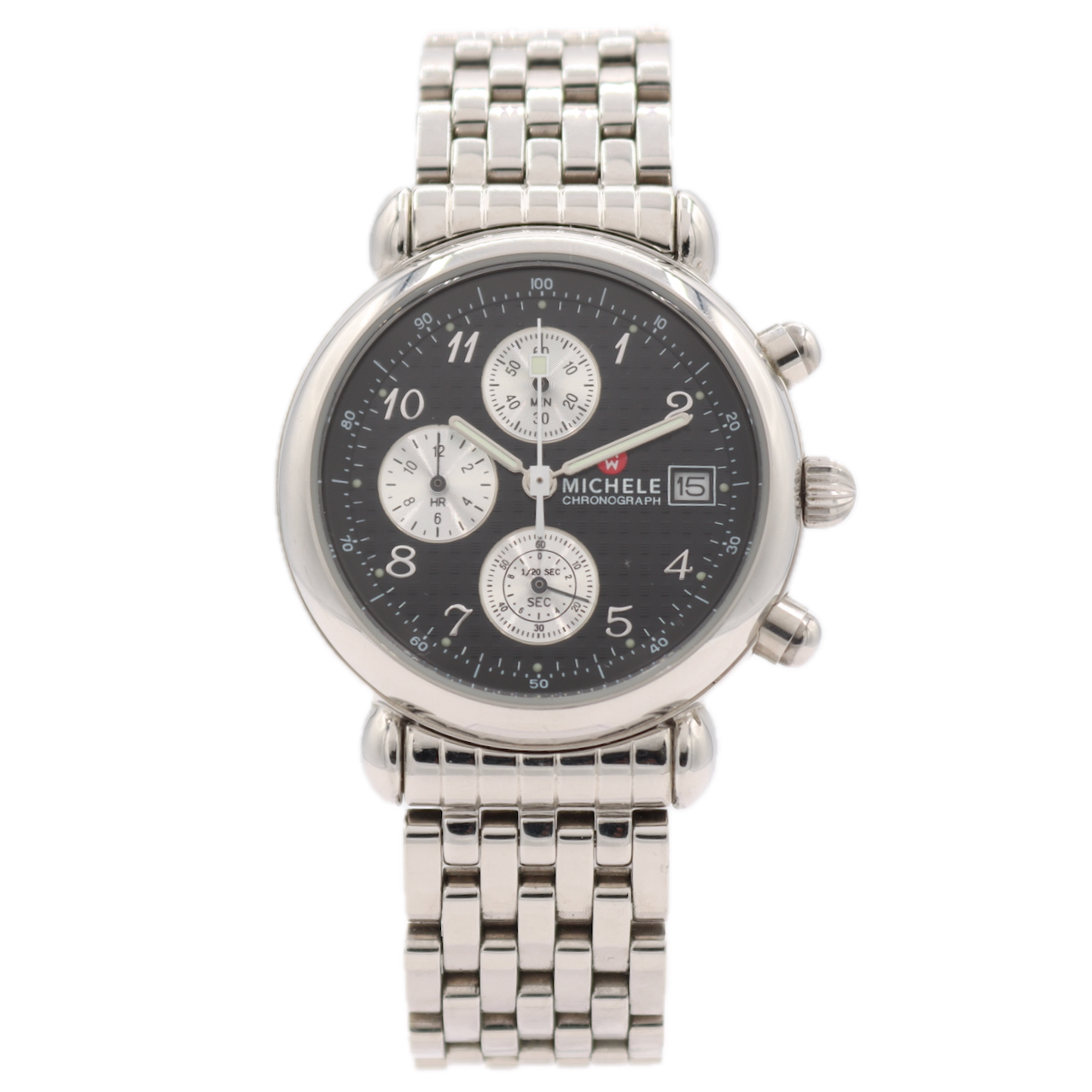 36mm Michele 71-500-C Sport Ladies Quartz Chronograph Wristwatch Steel W/ Box