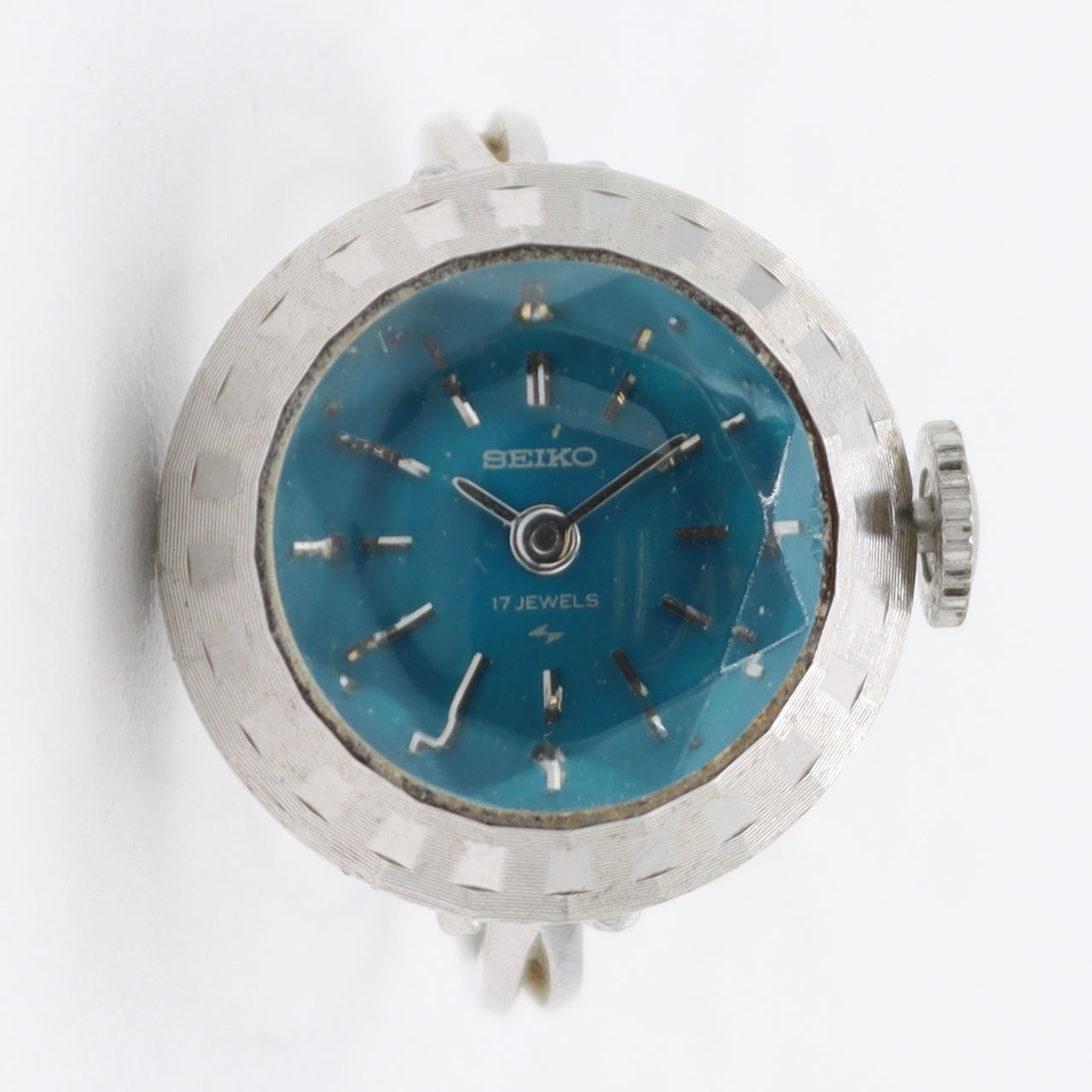 Vintage Seiko Blue Dial Ladies Mechanical Ring Watch Japan White Gold Plated