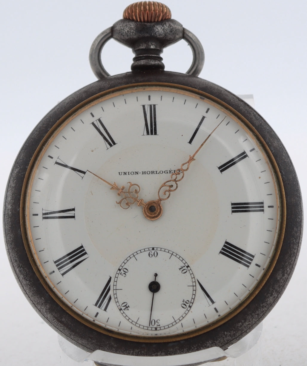 Antique Union-Horlogere Depose Mechanical Pocket Watch w/ Box PVD Swiss