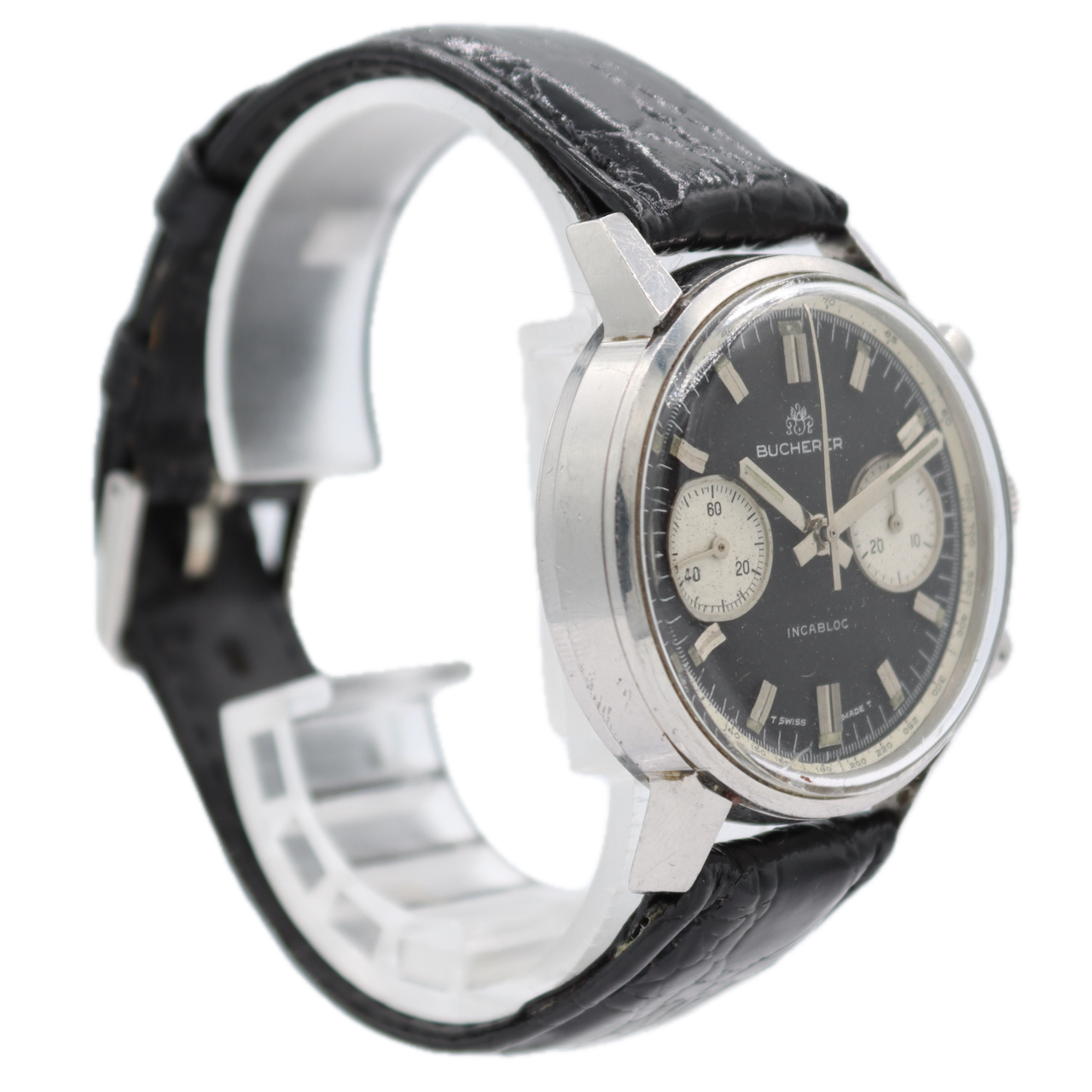 Vintage 35.5mm Bucherer Reverse Panda Dial Men's Chronograph Wristwatch Steel