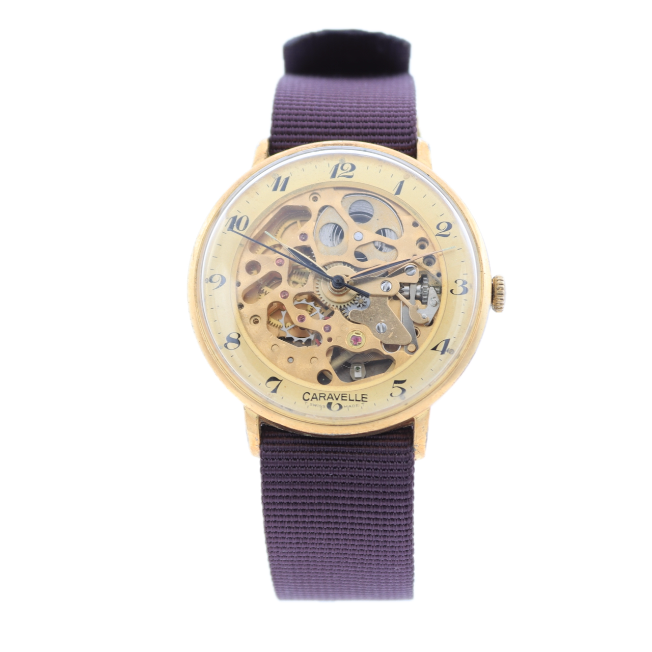 Vintage Caravelle Skeleton Dial Men's Mechanical Wristwatch Swiss Gold Tone 2