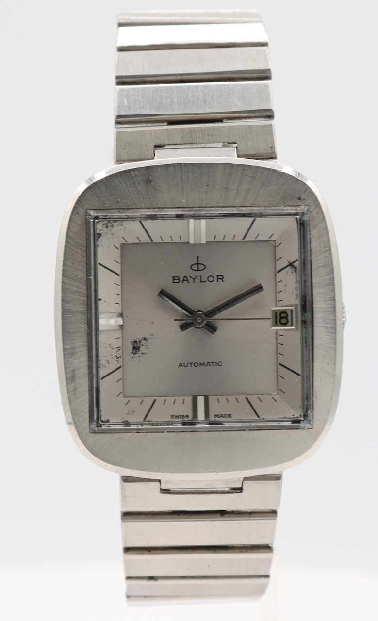 Vintage 34mm Baylor TV Dial Men's Automatic Wristwatch Swiss Made Steel Runs