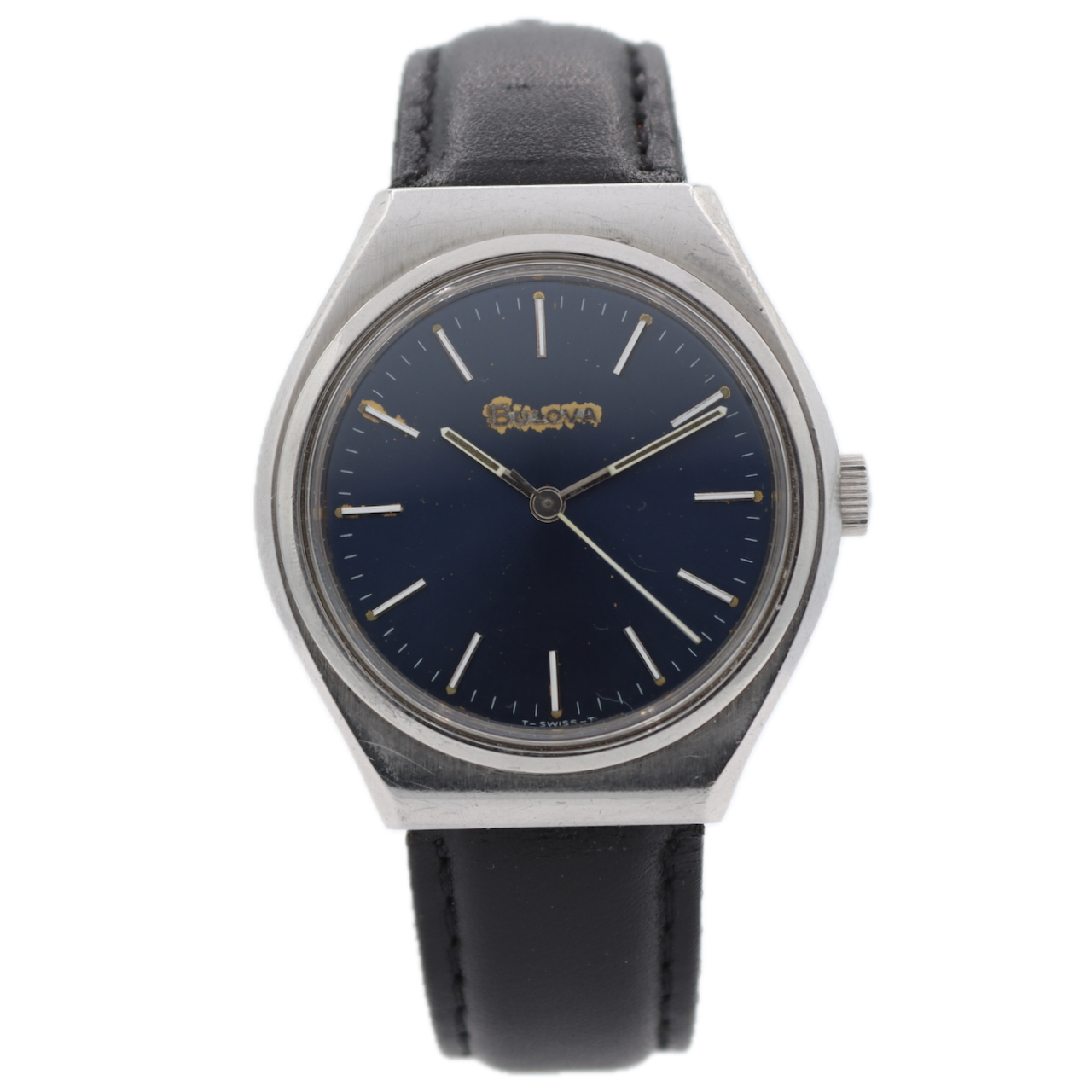 Vintage 35mm 1979 Bulova Royal Blue Dial Men's Mechanical Wristwatch Swiss Steel