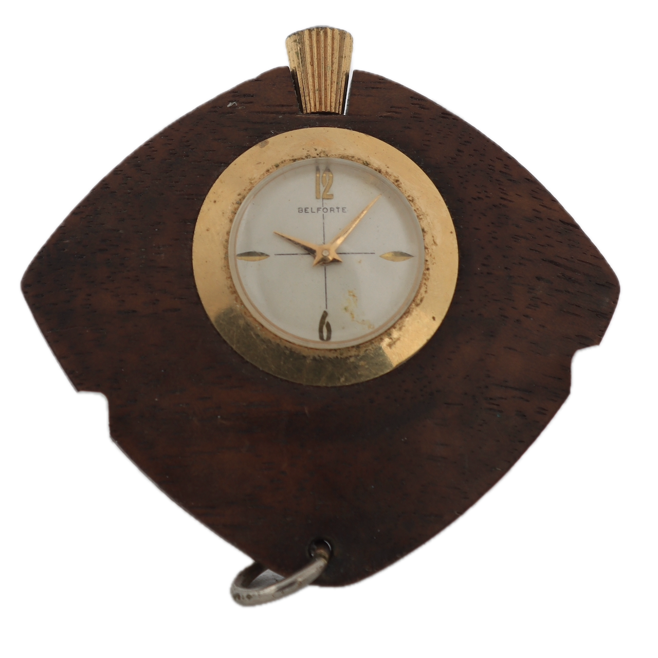 Antique 53mm Belforte Crosshair Mechanical Pendant Watch Gold Tone & Wood