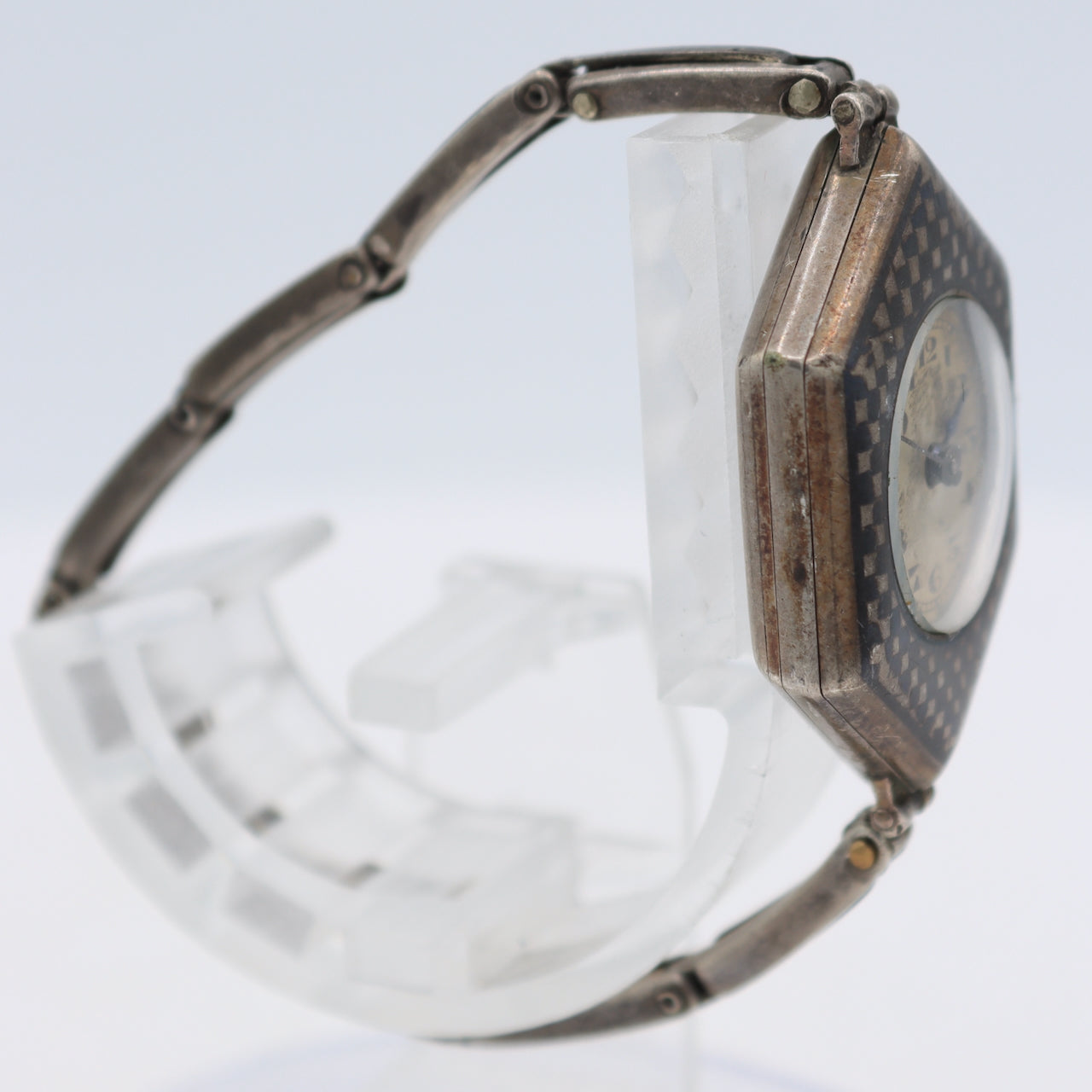 Vintage Niello Checkerboard Hexagon Ladies Mechanical Wristwatch .800 Silver