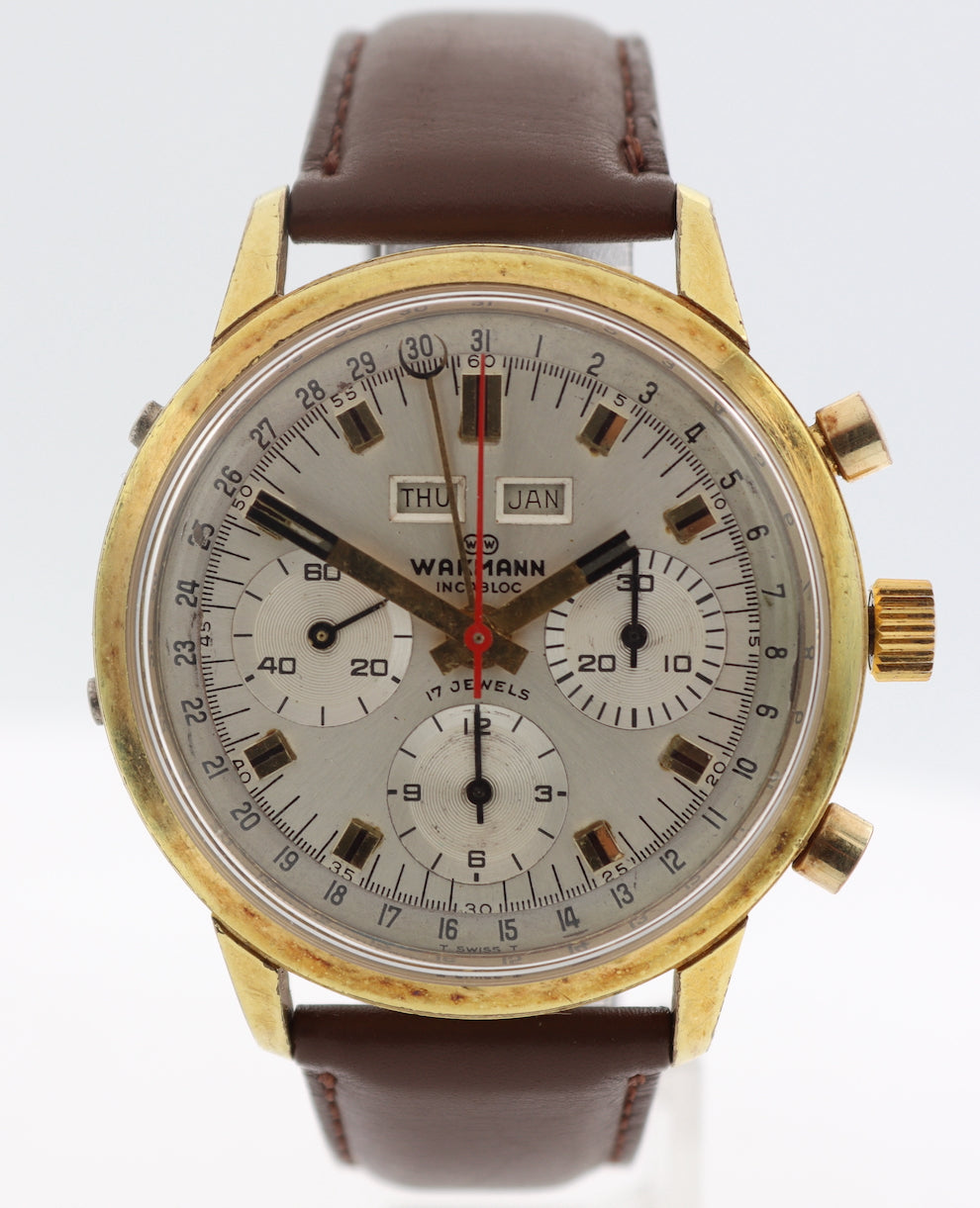 Vintage Wakmann Triple Date Men's Chronograph Wristwatch Valj. 730 Serviced