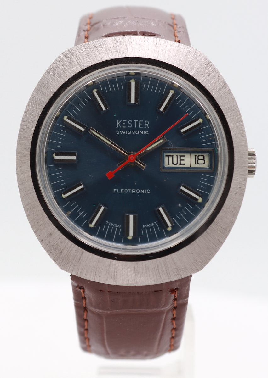 Vintage Kester SwissSonic Blue Sunburst Men's Electronic Wristwatch Swiss
