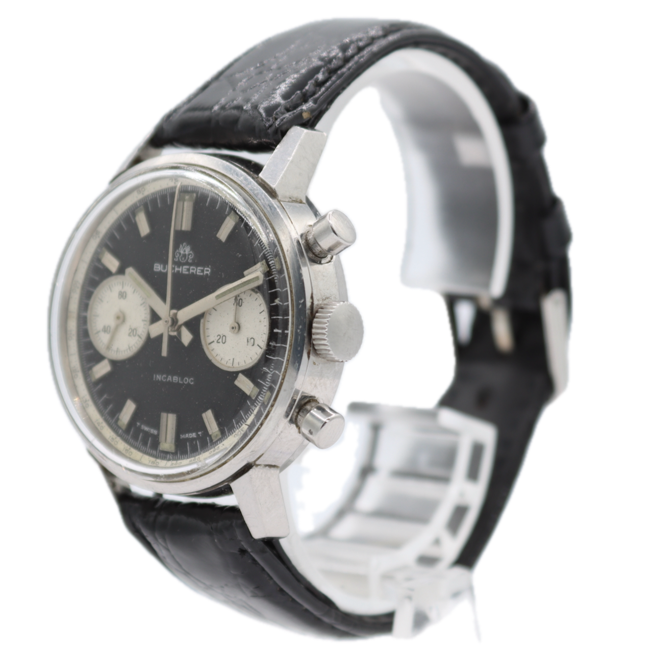 Vintage 35.5mm Bucherer Reverse Panda Dial Men's Chronograph Wristwatch Steel