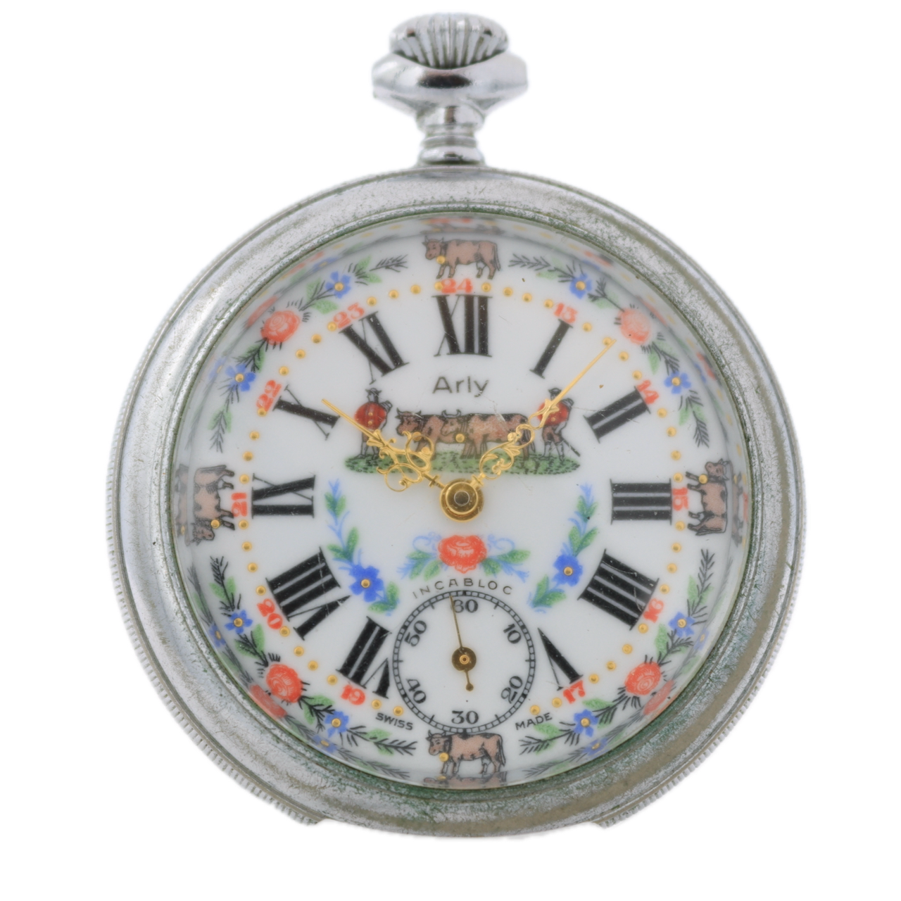 Vintage Arly Milking Scene 15 Jewel Mechanical Pocket Watch UT 6445 Swiss