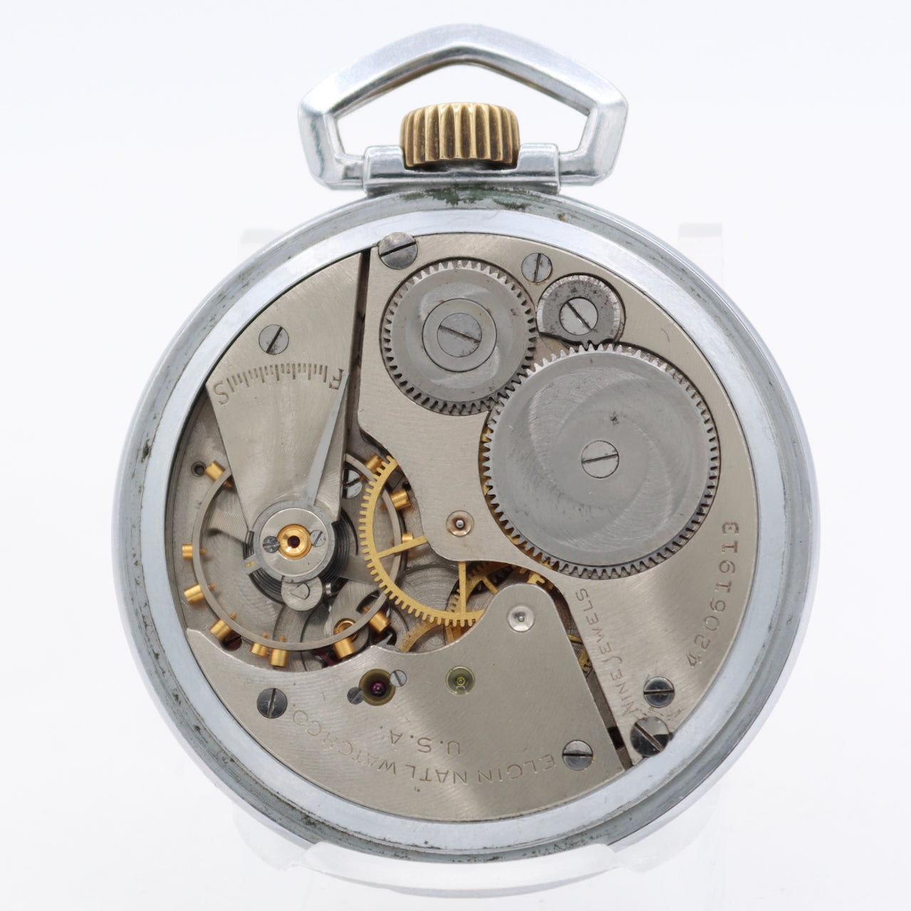 Vintage 18s 1943 Elgin Art Deco 9 Jewel Mechanical Pocket Watch 594 Chrome