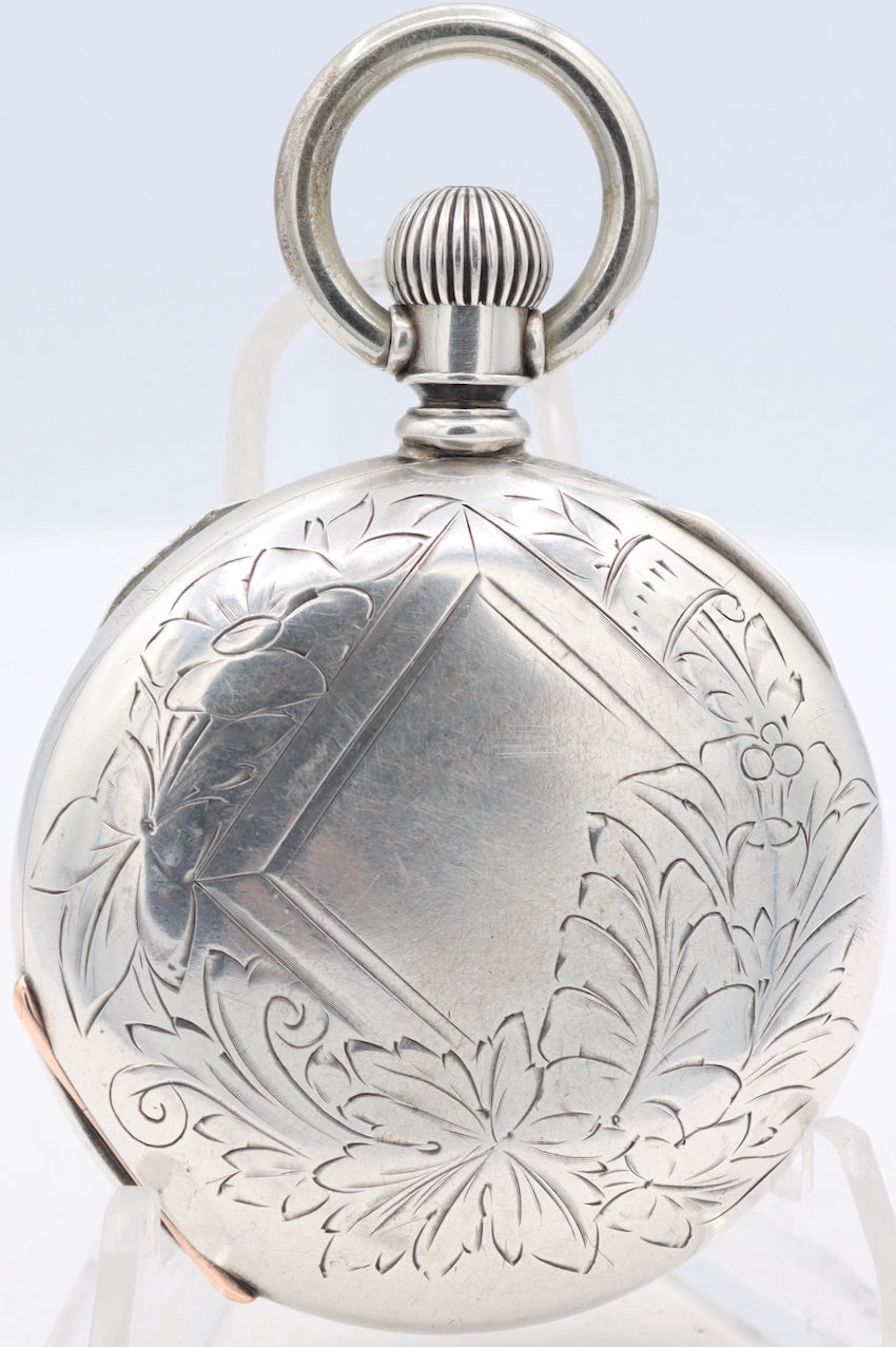 Antique 18s 1898 Hampden Floral Railroad Pocket Watch Coin Silver USA