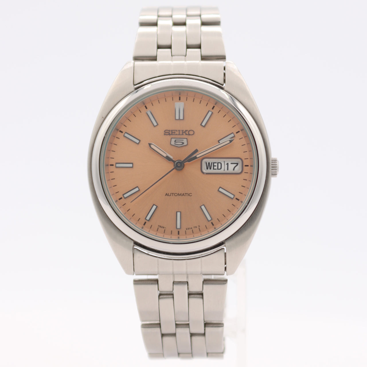 Vintage 36mm Seiko 5 Spanish Day Date Salmon Men's Automatic Wristwatch Steel