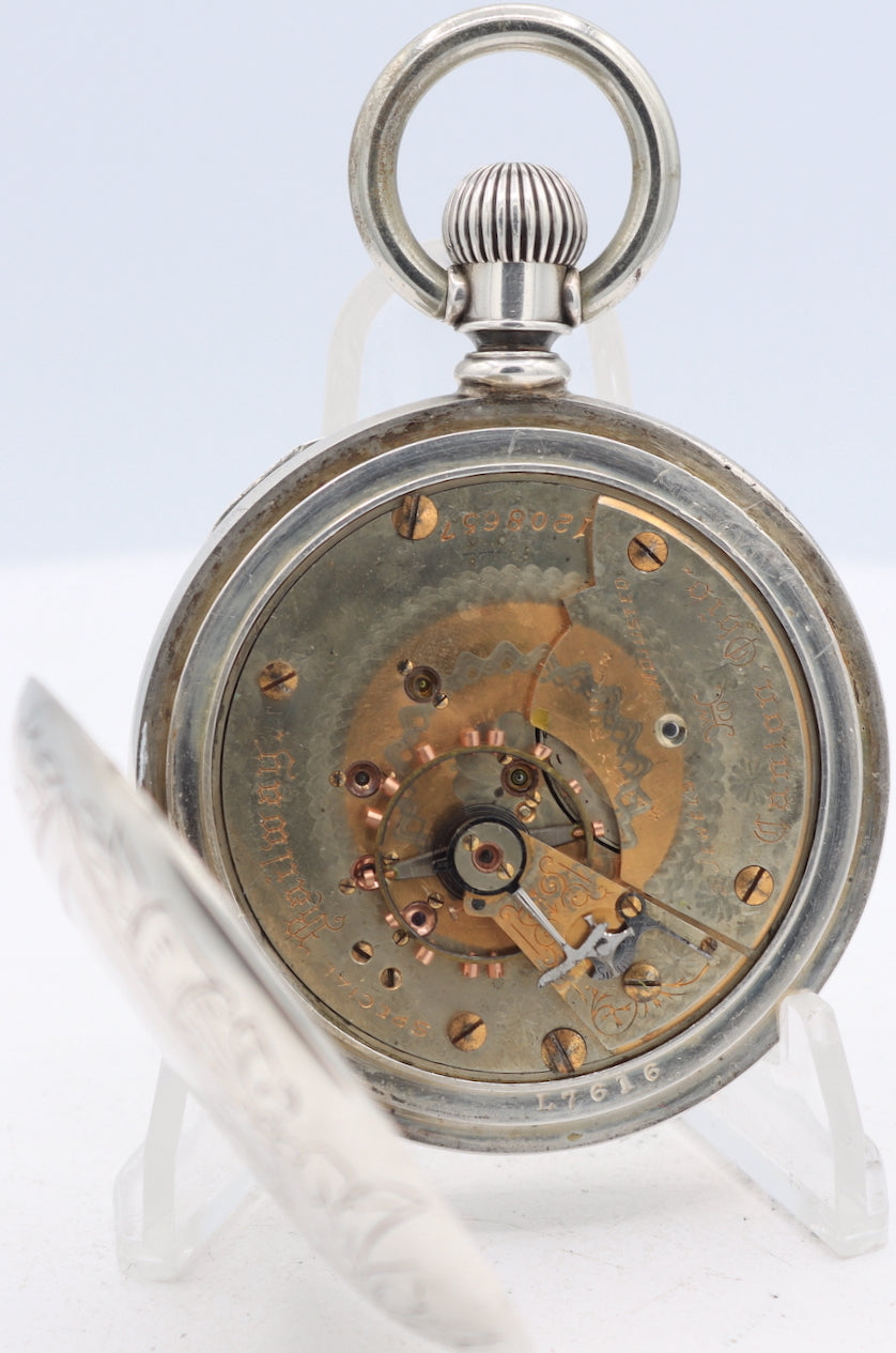 Antique 18s 1898 Hampden Floral Railroad Pocket Watch Coin Silver USA
