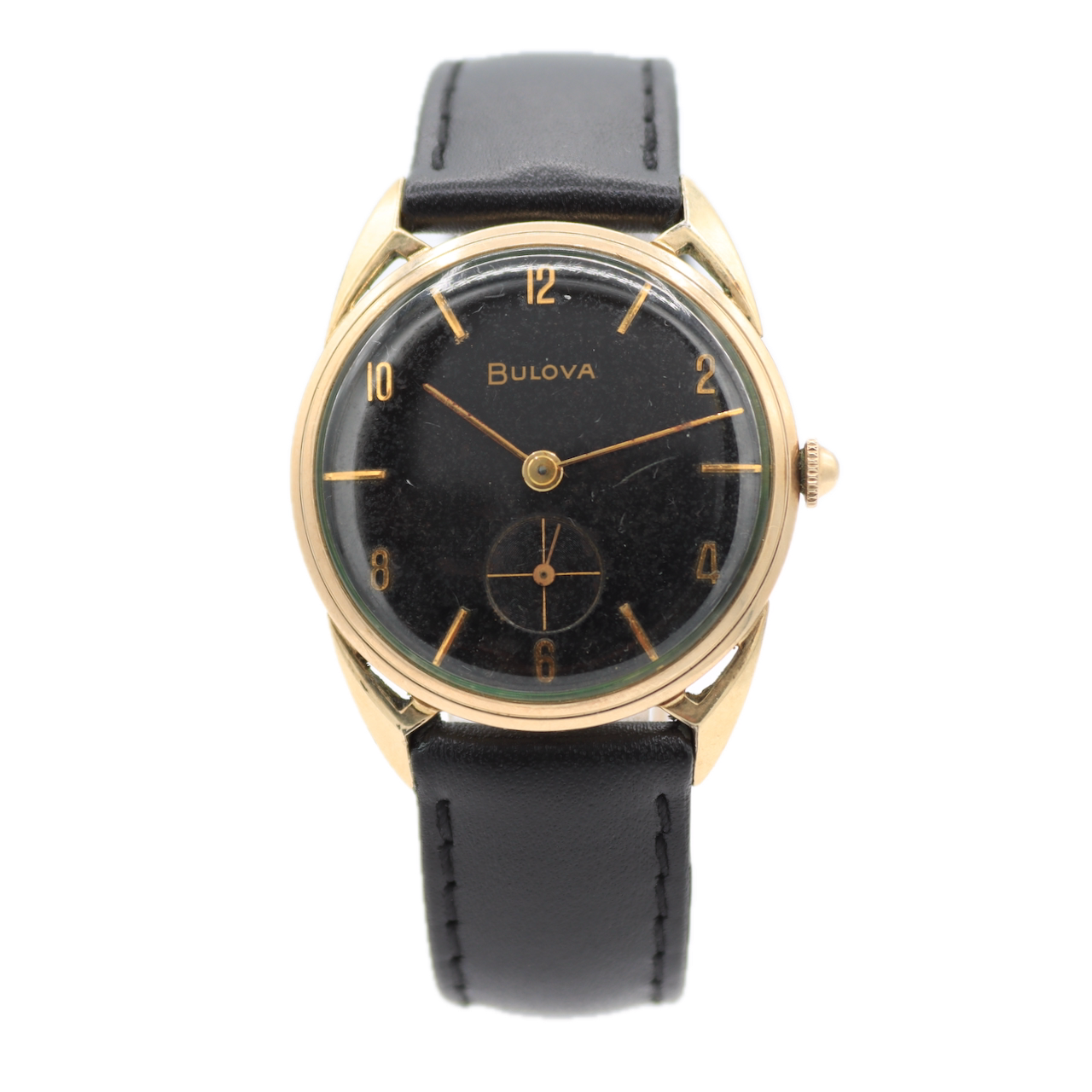 Vintage 32mm Bulova Black Dial Hollow Lug Men's Mechanical Wristwatch 10k RGP