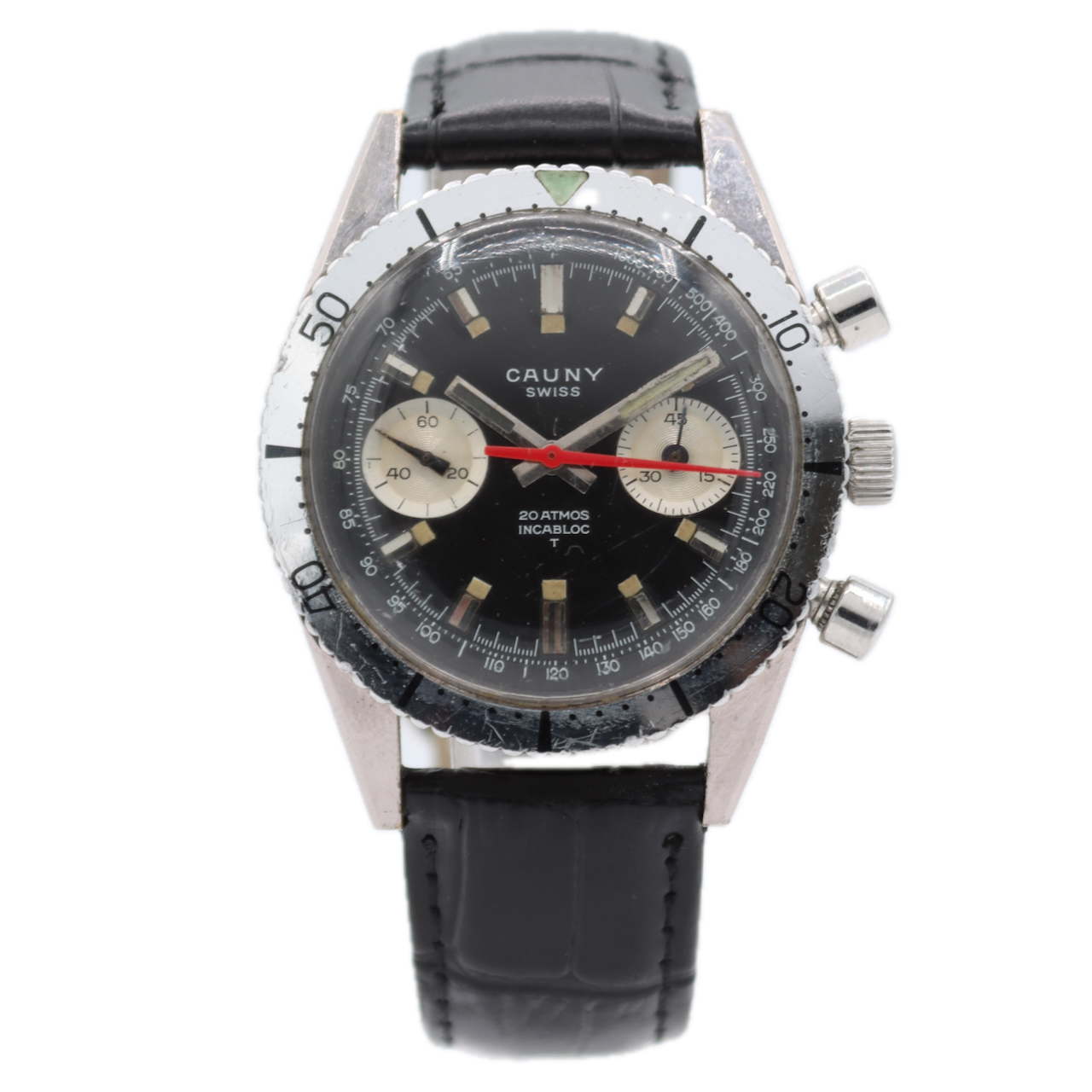 Vintage 38mm Cauny Diver Style Men's Chronograph Wristwatch Valjoux 7733 Steel