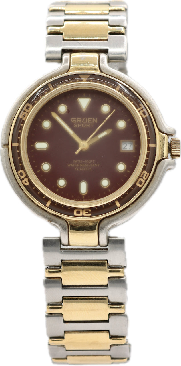 Vintage 36mm Gruen 321-2115 Sport Chocolate Men's Quartz Wristwatch Two Tone
