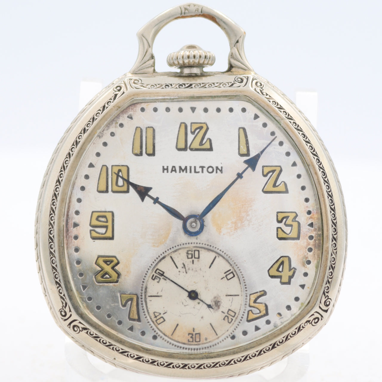 Antique 12s 1933 Hamilton Cushion Case 17 Jewel Pocket Watch 912 14k White GF