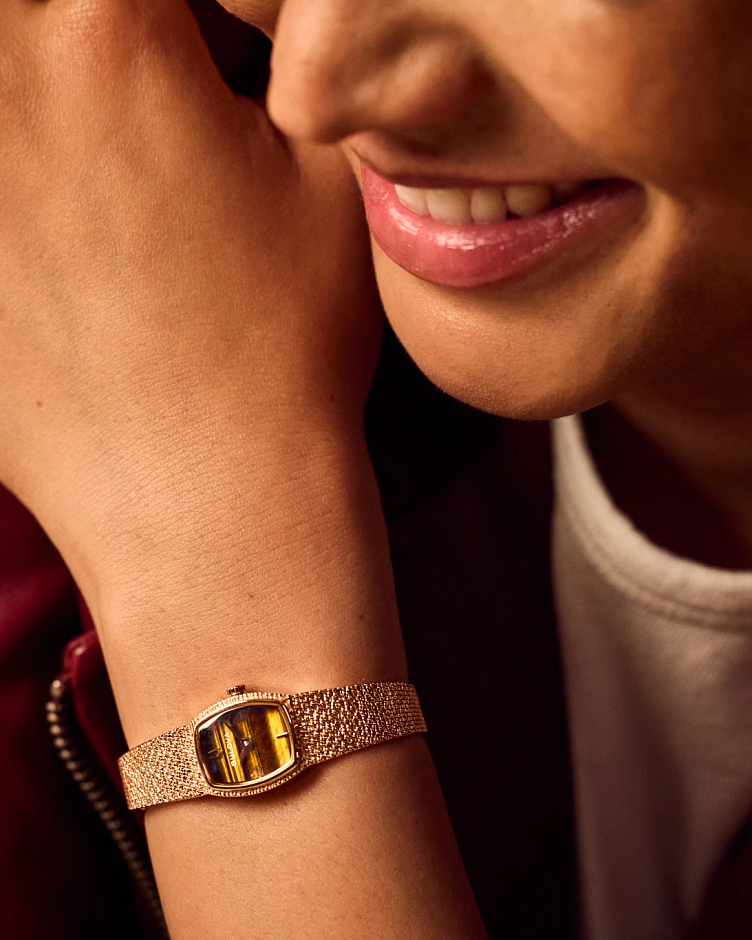 17mm Bulova 97L185 Goddess of Time Rose Gold Ladies Quartz Wristwatch Tigers Eye