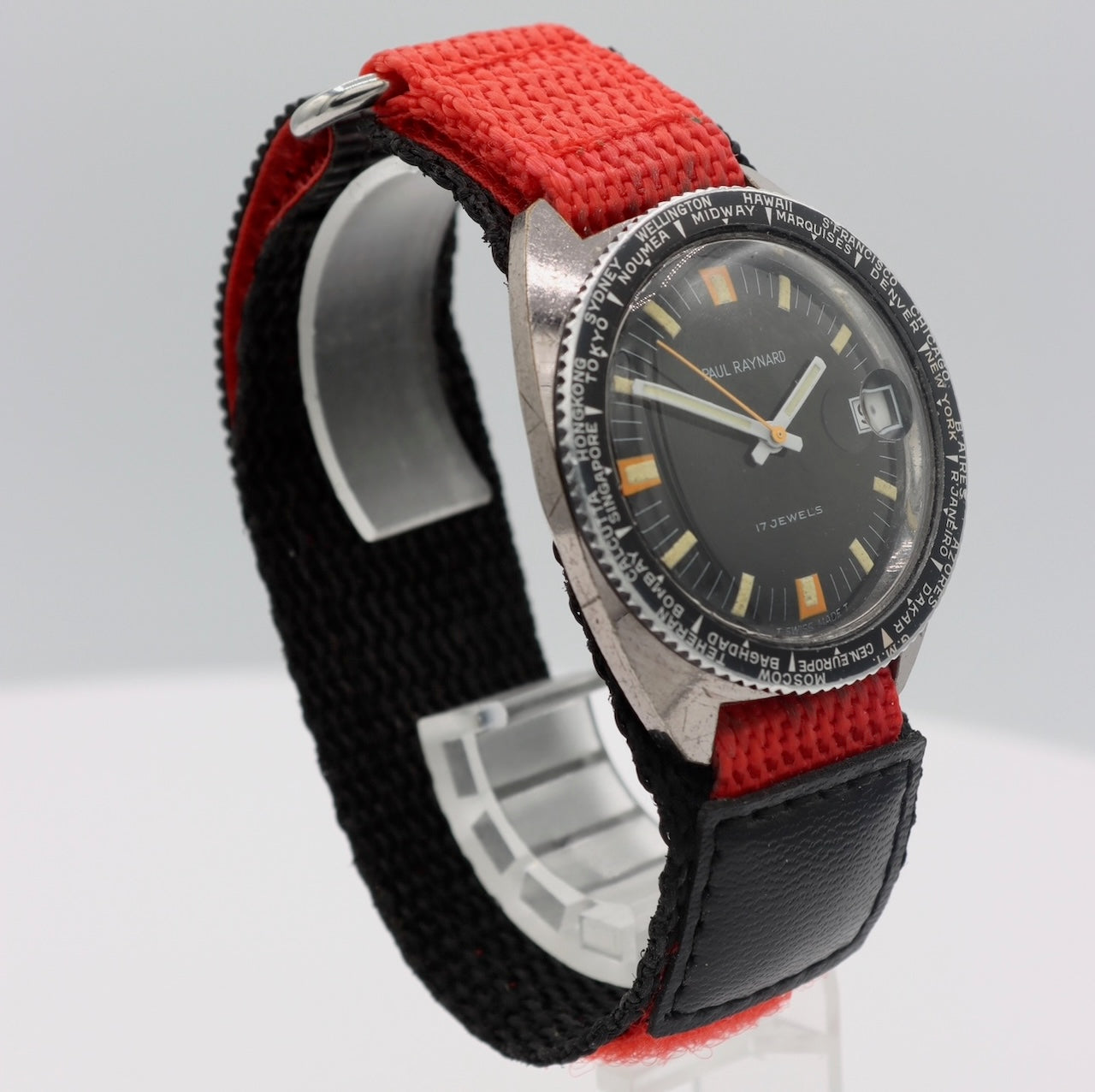 Vintage 36mm Paul Raynard Skin Diver World Time Men's Mechanical Wristwatch