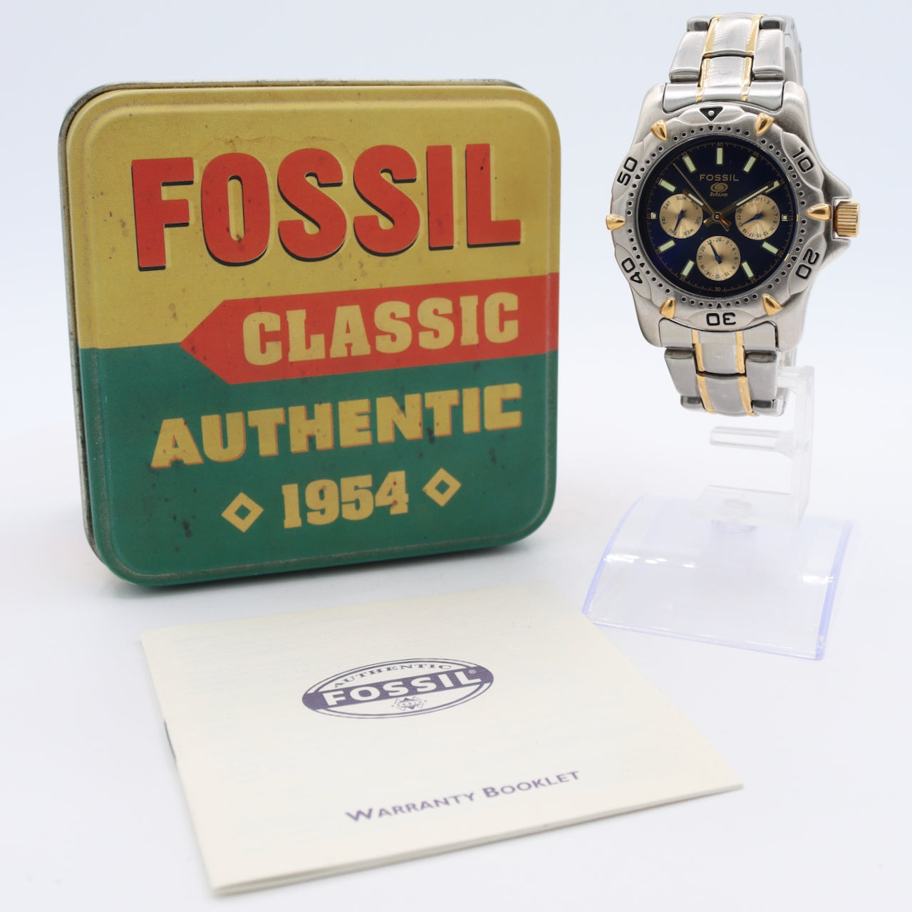 38mm Fossil BQ-9005 Blue Day Date Men's Quartz Wristwatch Japan Two Tone 10 ATM