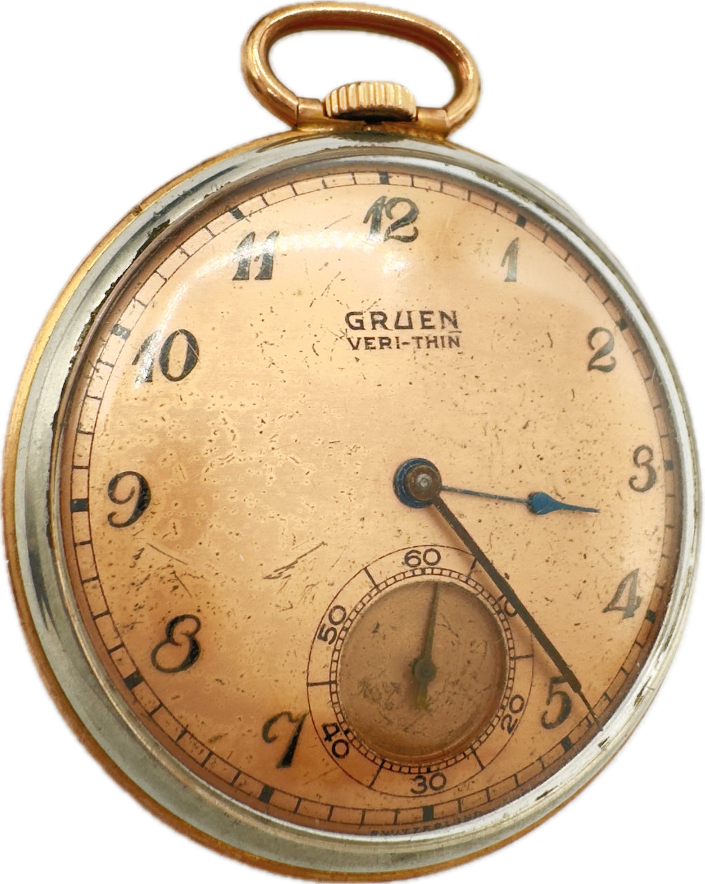 Antique 10S Gruen Two Tone w Salmon Dial Mechanical Pocket Watch Steel & 10k GF