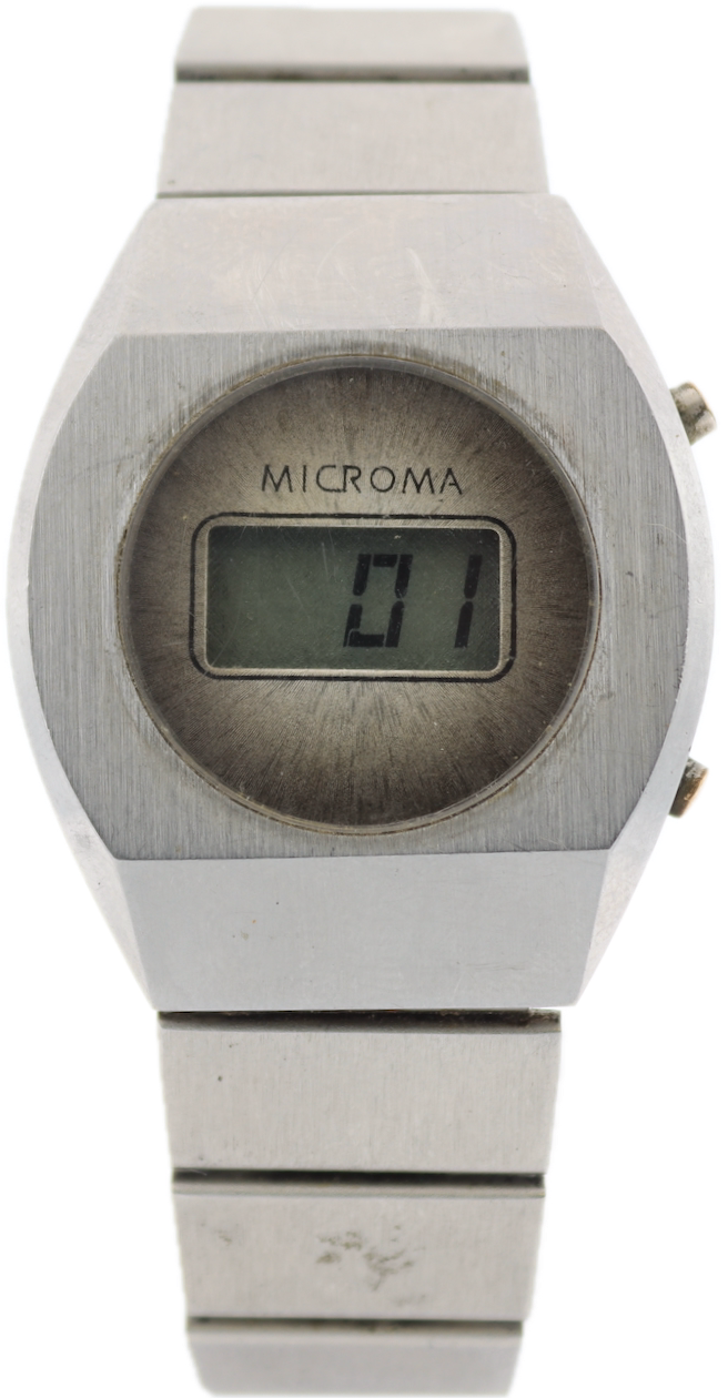 Vintage Microma Chunky Sunburst Men's Digital LCD Wristwatch Stainless Steel