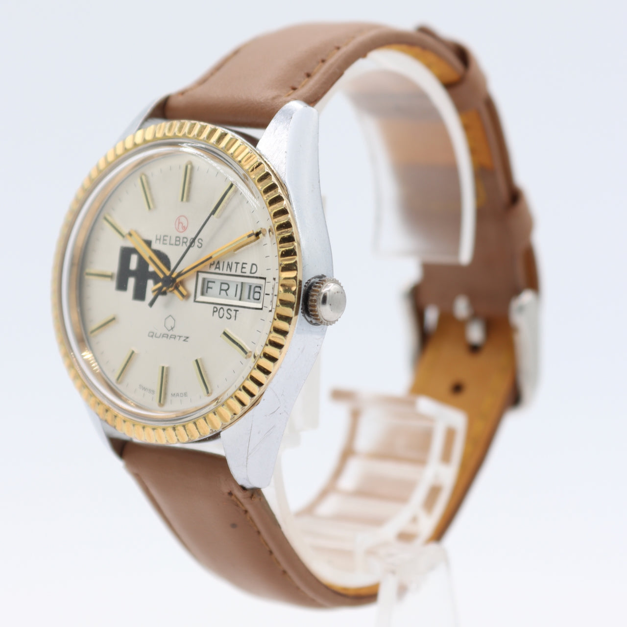 Vintage Helbros Day Date Painted Post Logo Men's Quartz Wristwatch Two ToneRuns