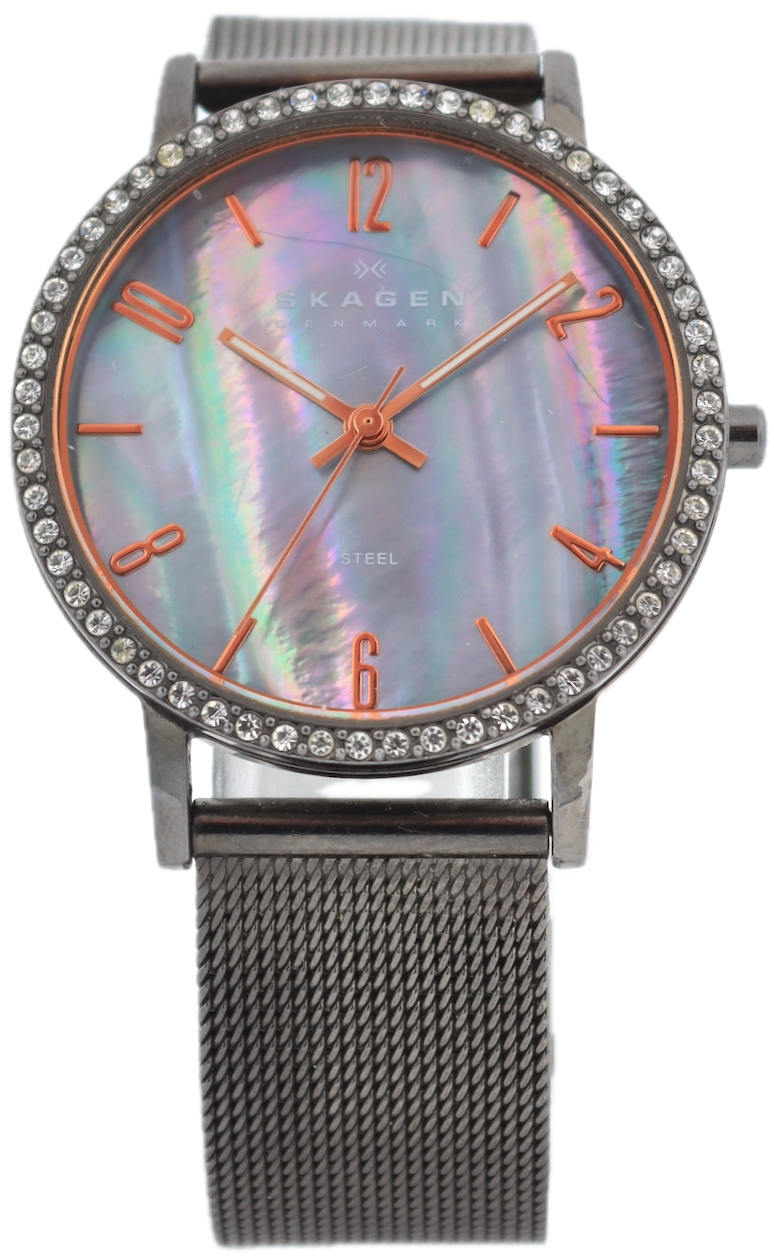 Vintage Skagen 922SMMR Mother of Pearl Diamonds Men's Quartz Wristwatch Steel