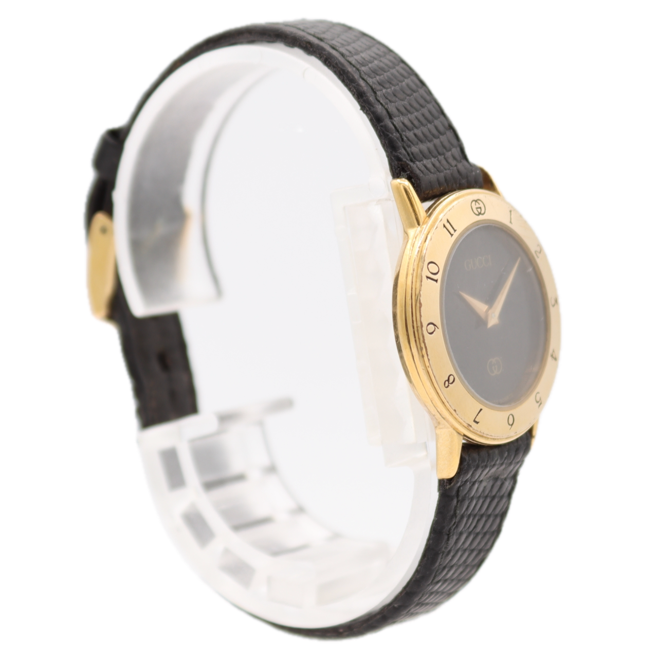 25.5mm Gucci Leather Strap Black Dial Ladies Quartz Wristwatch Swiss Gold Tone