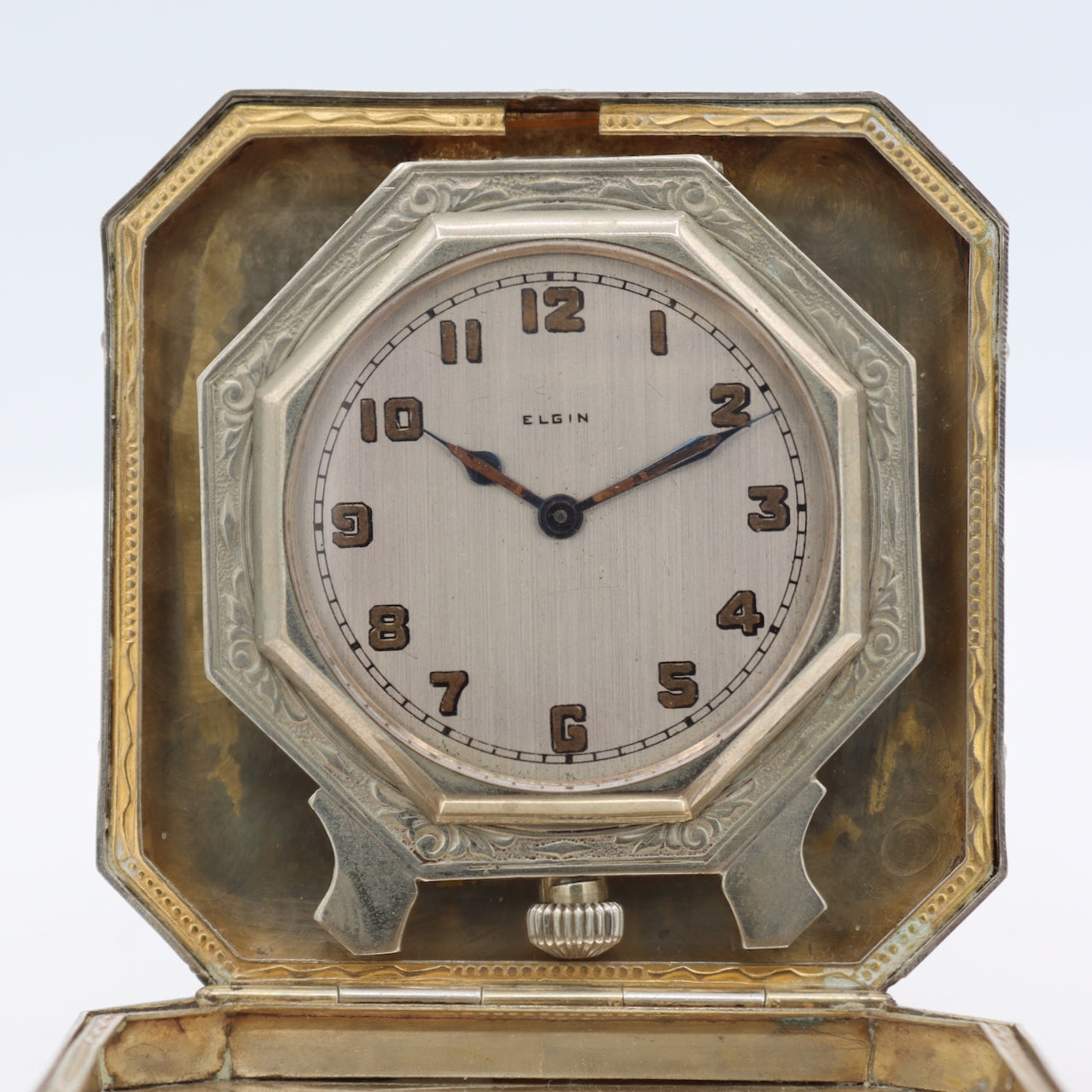 Antique 1928 Elgin Mechanical Travel Clock 303 Spartan Case Sterling Silver