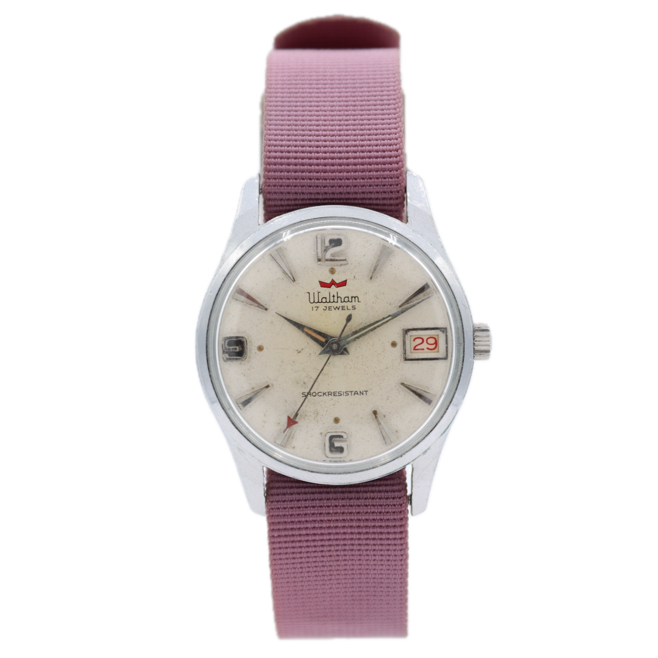 Vintage Waltham Red Pointer Date Men's Mechanical Wristwatch Swiss Chrome Plated