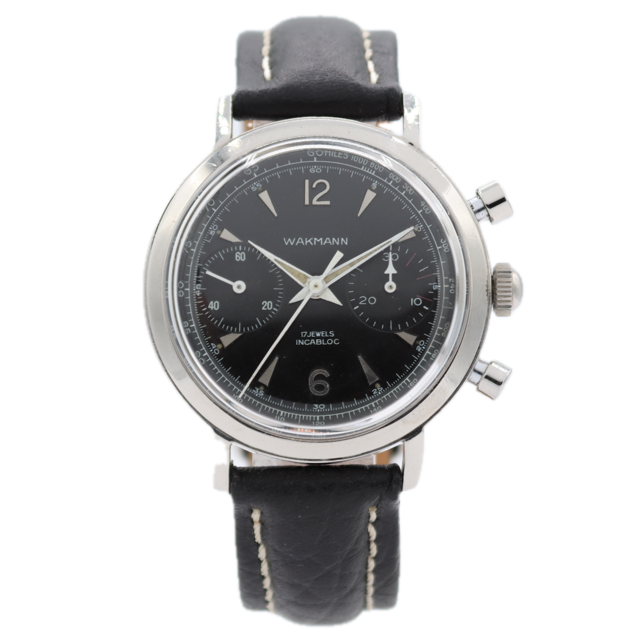 Vintage Wakmann Black Dial Men's Chronograph Wristwatch Venus 188 France Steel