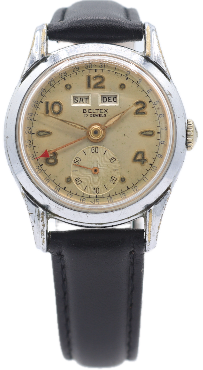 Vintage Beltex Triple Date Calendar Men's Mechanical Wristwatch 203 Swiss Chrome
