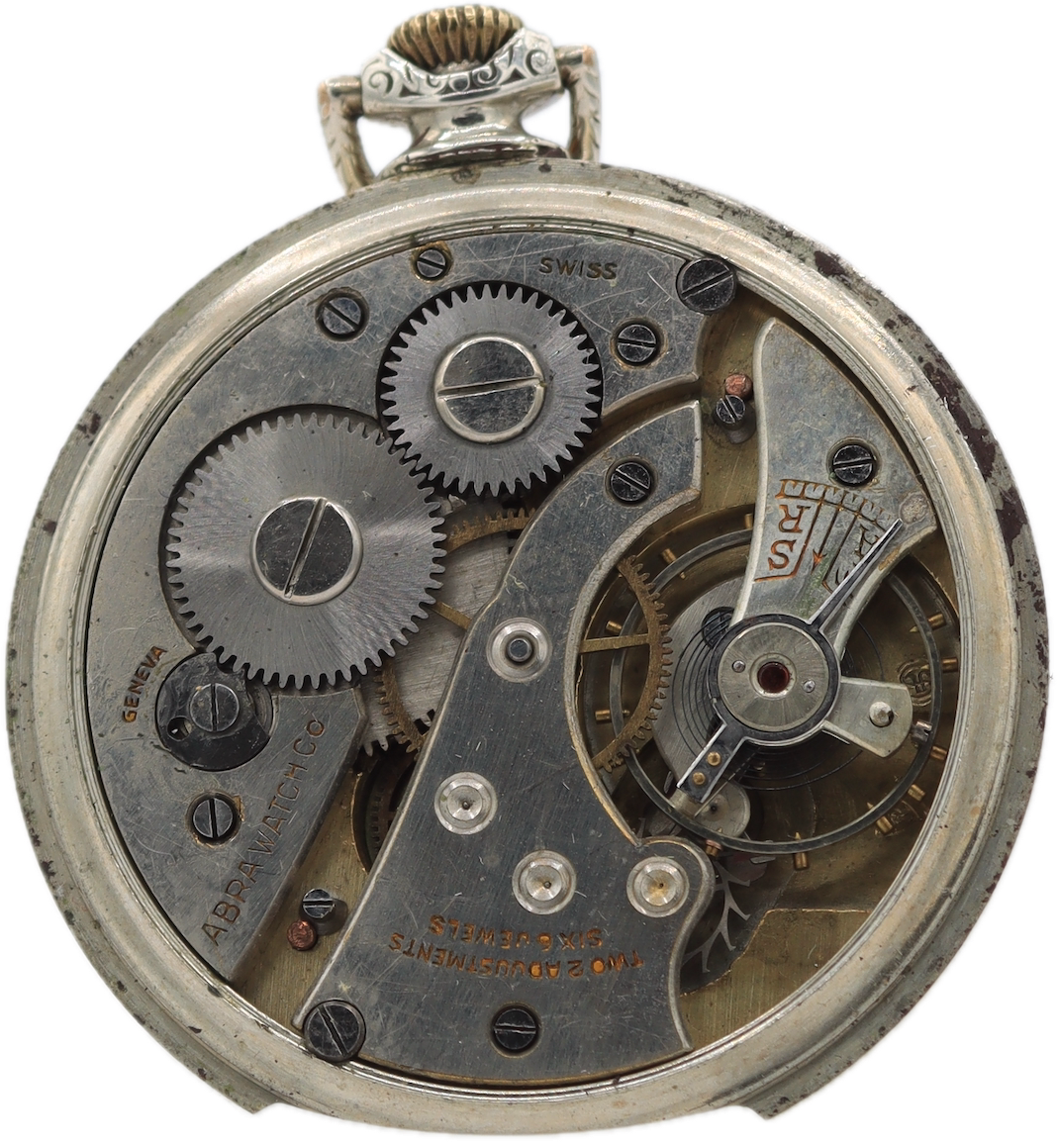 Antique Abra Floral Dial Mechanical Open Face Pocket Watch Nickel Swiss