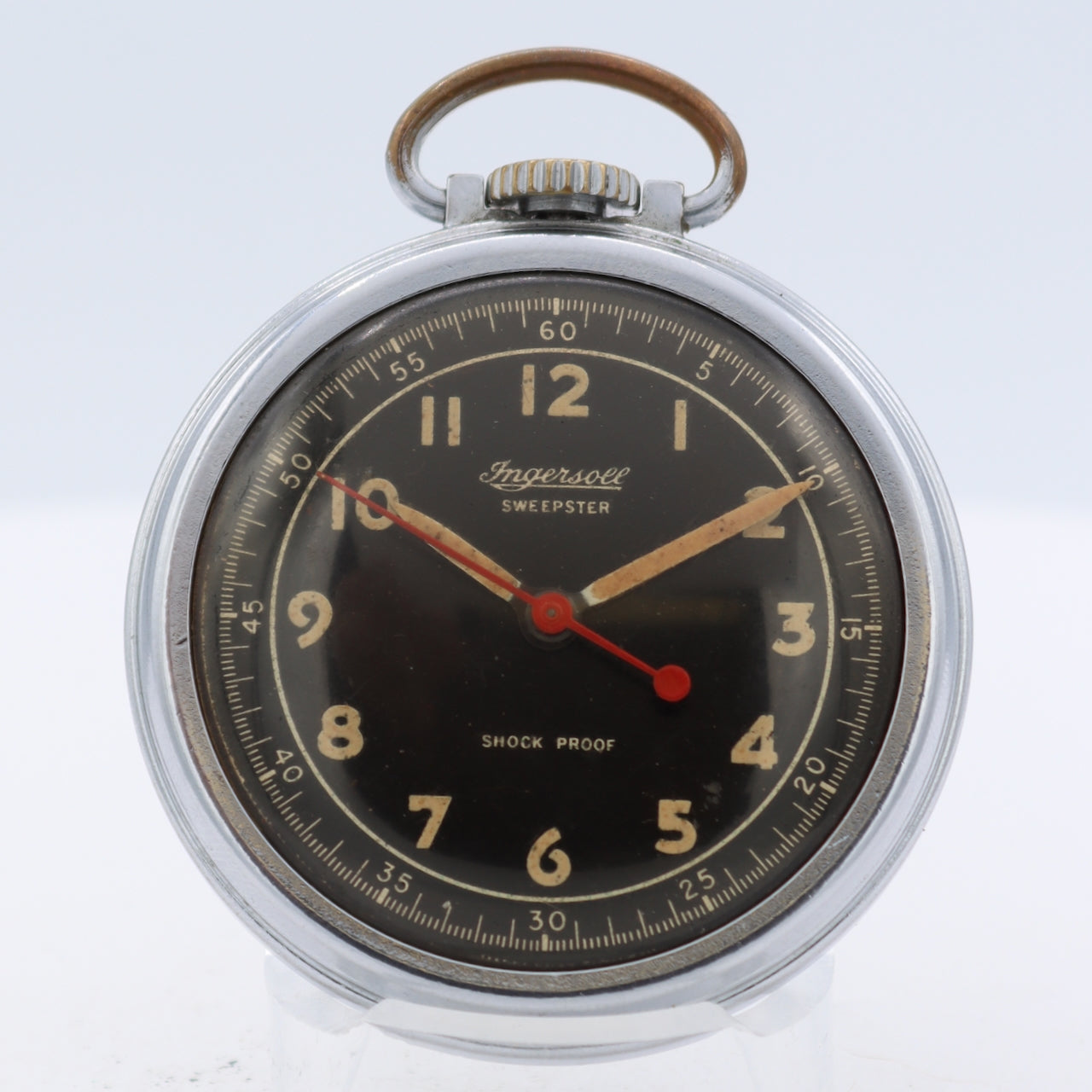 Antique 18s Ingersoll Sweepster Mechanical Pocket Watch Chrome Plated Swiss