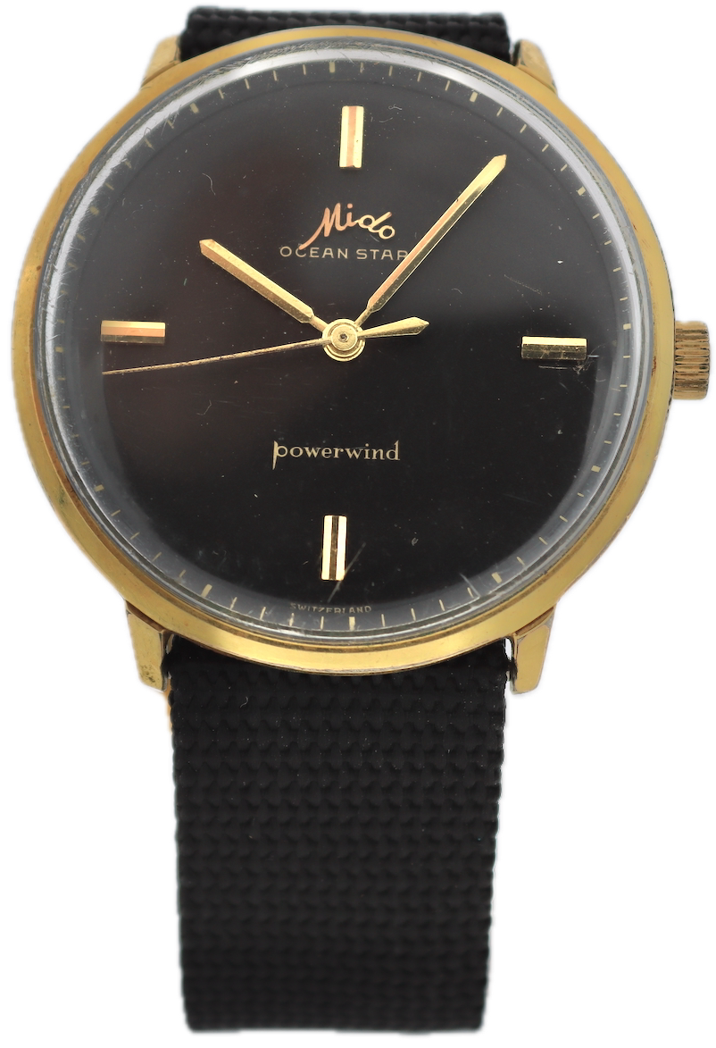 Vintage Mido Black Ocean Star Men's Automatic Wristwatch Swiss Gold Plated