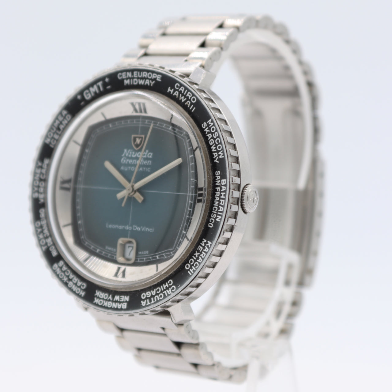 Vintage Nivada Leonardo Da Vinci World Time Men's Automatic Wristwatch Steel